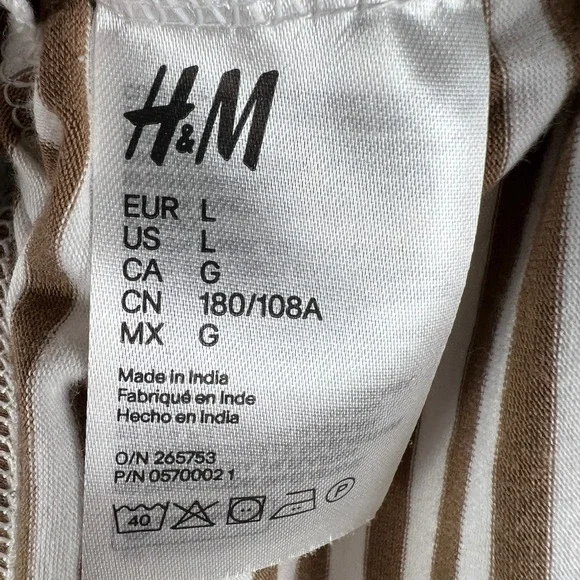 H&M Slim Fit Striped T-Shirt Mens L Brown White Crew Neck Casual Top - Picture 7 of 8